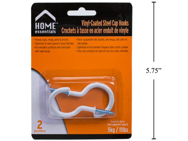 Home Essentials White Vinyl Coated Steel Cup Hooks – 2″ ~ 2 per pack
