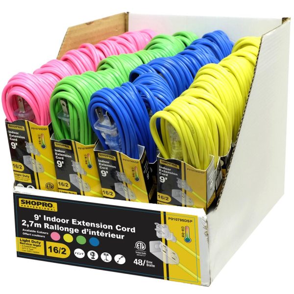ShopPro Indoor Extension Cord, Mixed Colors – 16/2 ~ 9′