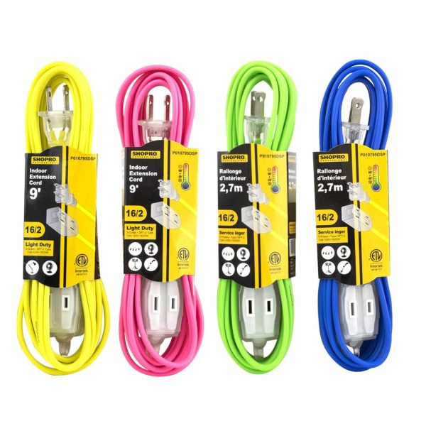 ShopPro Indoor Extension Cord, Mixed Colors – 16/2 ~ 9′