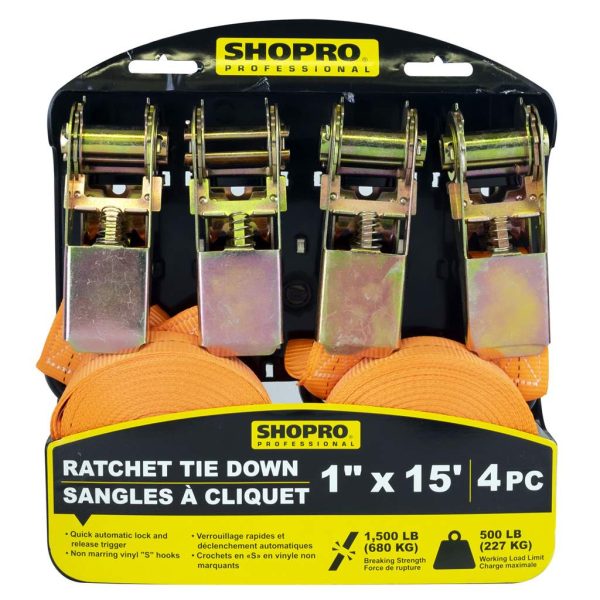 ShopPro Ratchet Straps – Fluorescent Orange ~ 1″ x 15′ ~ 4 per pack