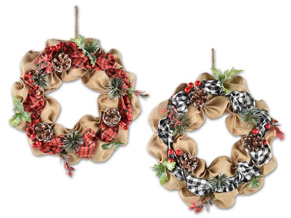 Christmas Buffalo Plaid Burlap Wreath with Pines Cones ~ 14″Dia