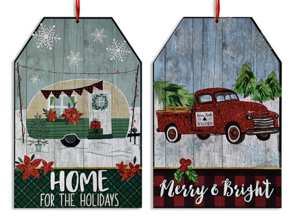 Christmas MDF Glitter Truck Luggage Style Plaque ~ 13.5″ x 9″