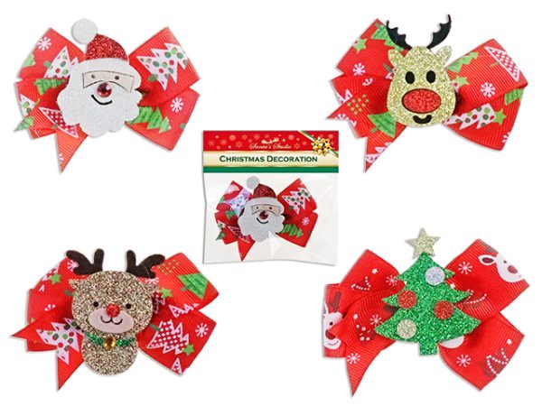 Christmas Printed Ribbon Hair Clip with Glitter ~ 3′ x 2″