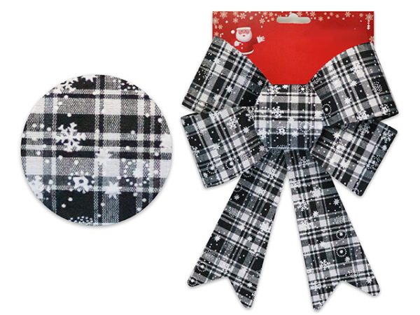 Christmas Black Snowflake Printed Plaid Fabric PVC Bow ~ 7″ x 10-5/8″L