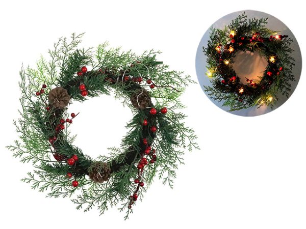 Christmas 13-LED Pine Wreath with Pines Cones & Berries ~ 15″Dia