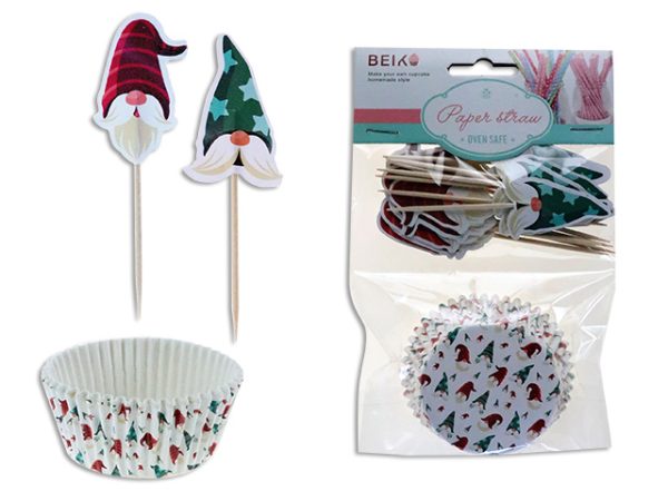 Christmas Gnomes Baking Cups with Picks – 2″D ~ 24 per pack