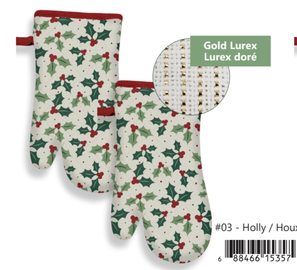 Christmas Printed Oven Mitts with Gold Metallic Thread ~ Holly