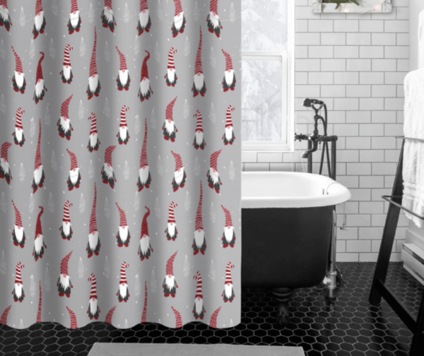 Christmas Printed Shower Curtain with Hooks ~ Gnomes