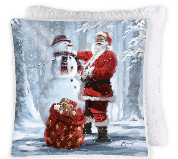 Christmas Photoreal Cushion with Sherpa Reverse ~ Santa & Snowman
