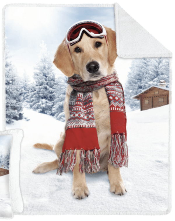 Ski Companion Dog Photorealisic Printed Throw with Sherpa Reverse ~ 48″ x 60″