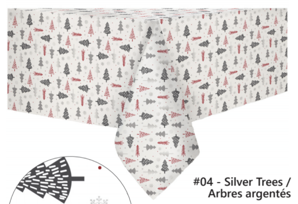 Christmas Foil Printed Fabric Tablecloth – 52″ x 70″ / 132cm x 178cm ~ Silver Trees