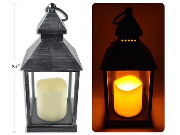 LED Lantern with Flickering Pillar Candle – Battery Operated ~ 9-3/8″ x 4″