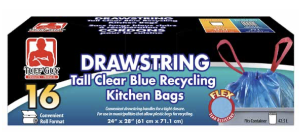 Tuff Guy Tall Drawstring Blue Recycling Bags ~ 16 per pack