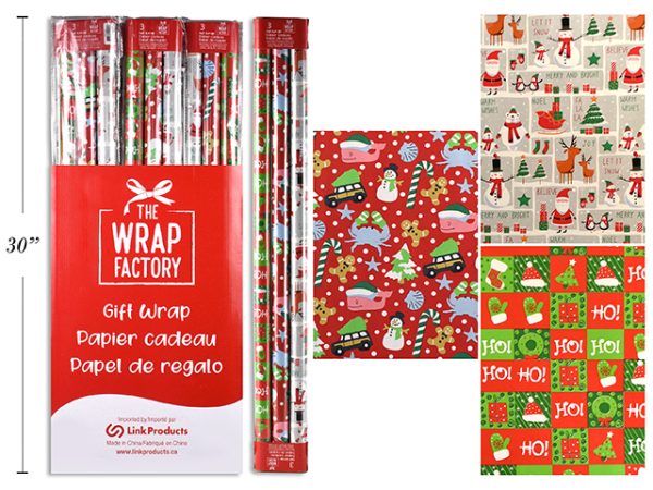 Christmas Roll Wrapping Paper – 30″ x 72″ ~ 3 per pack