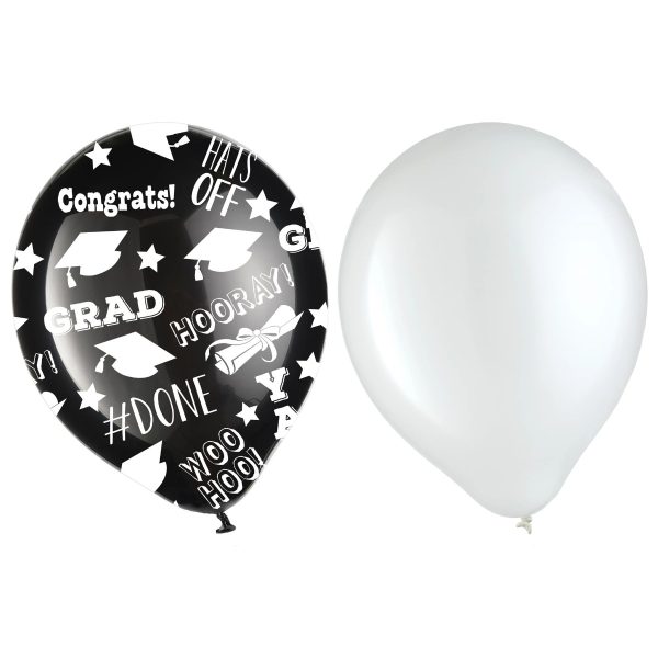 Graduation Latex Balloons – Black & White – 12″ ~ 15 per pack