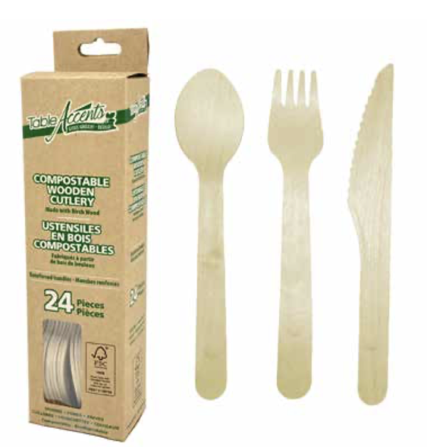 Table Accents Assorted Compostable Wooden Cutlery – Reinforced Handles ~ 24 pieces per pack
