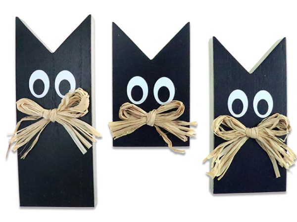 Halloween Googly Eyes Cat MDF Tabletop Decor with Ribbon