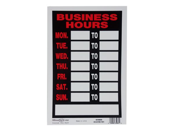 Plastic Sign 8″ x 10″ ~ BUSINESS HOURS