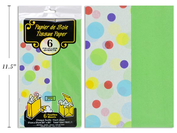 Tissue Paper – Circles / Green ~ 6 per pack – 2 printed & 4 Solid