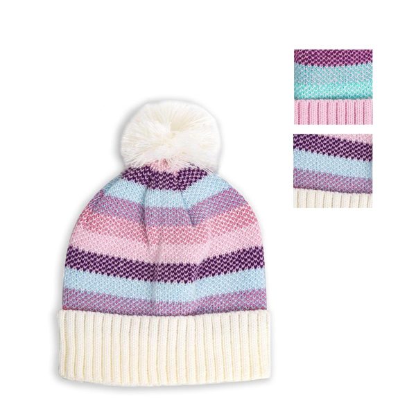 Nordic Trail Girls Striped Beanie Hat with Pom Pom ~ Ages 6-8 years