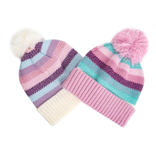 Nordic Trail Girls Striped Beanie Hat with Pom Pom ~ Ages 6-8 years