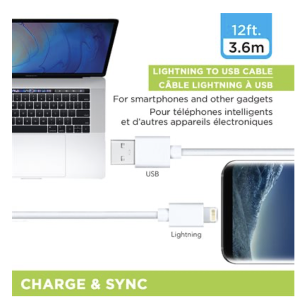 eLink Lightening to UBS Charge & Sync Cable ~ 12′ (3.65M)