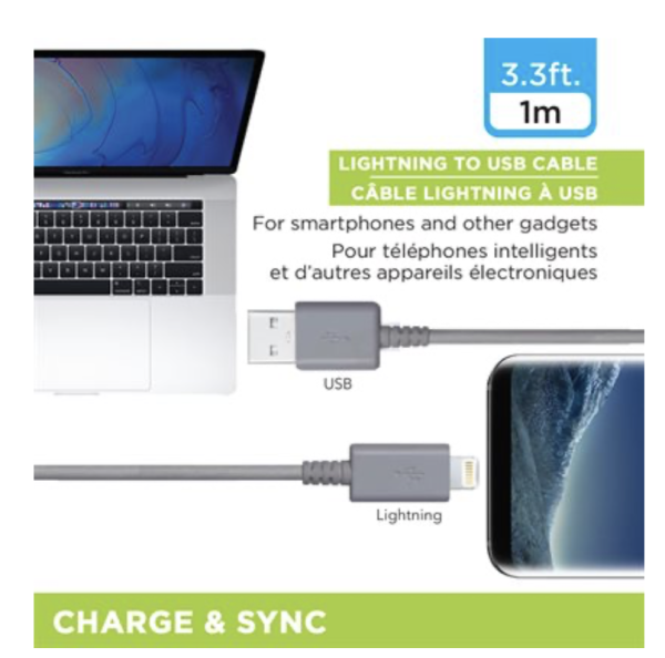 eLink Lightning to USB Charge & Sync Cable – 1M / 3.3′ ~ GREY