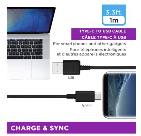 eLink TYPE-C to USB Charge & Sync Cable – 1M / 3.3′ ~ BLACK