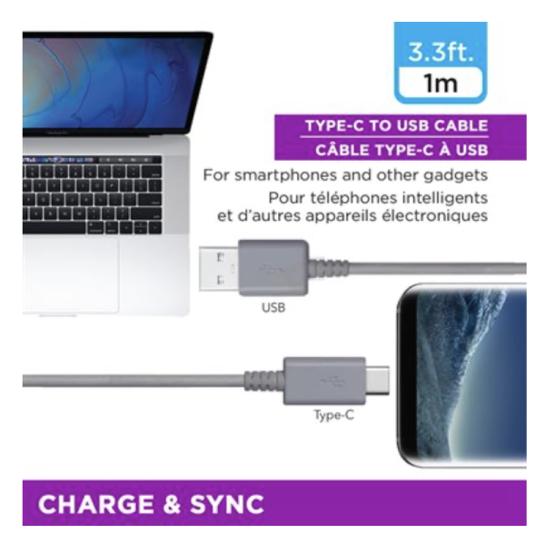 eLink TYPE-C to USB Charge & Sync Cable – 1M / 3.3′ ~ GREY