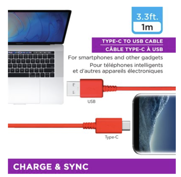 eLink TYPE-C to USB Charge & Sync Cable – 1M / 3.3′ ~ RED