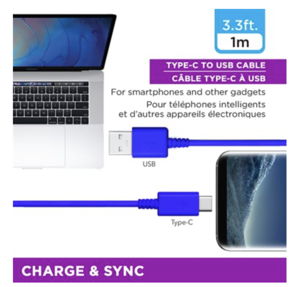 eLink TYPE-C to USB Charge & Sync Cable – 1M / 3.3′ ~ BLUE