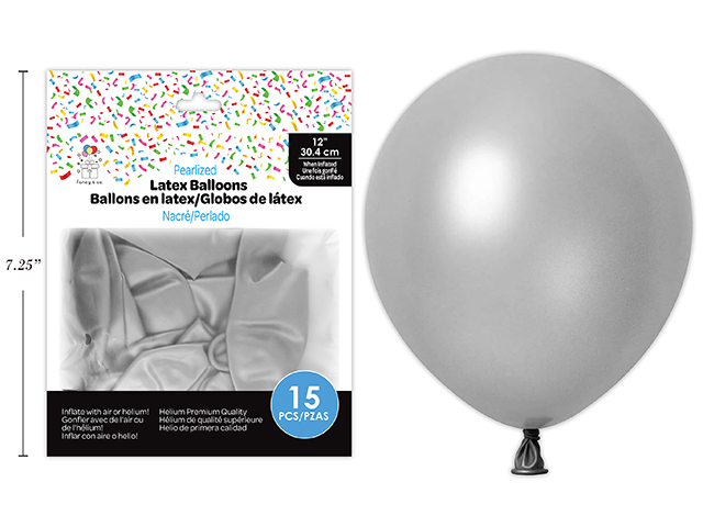 12″ Pearlized Round Latex Balloons – Silver ~ 15 per pack