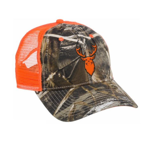 Fluorescent Orange & Camo Cap w/Deer Embroidery
