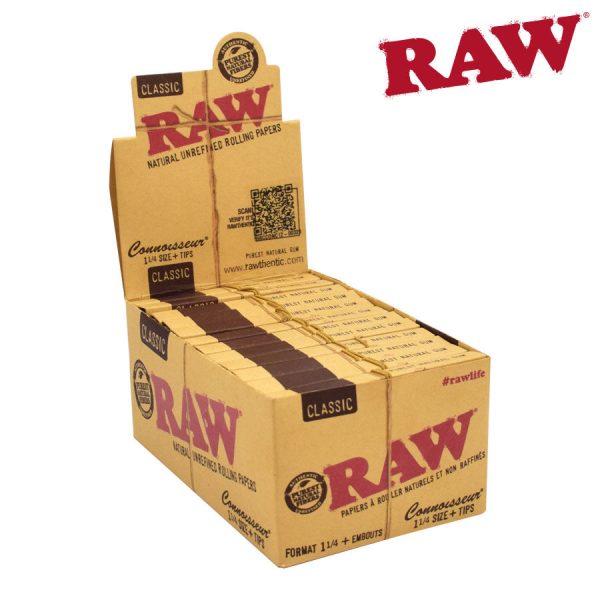 RAW Connoisseur Rolling Papers & Tips – 1-1/4 ~ 24 packs/display