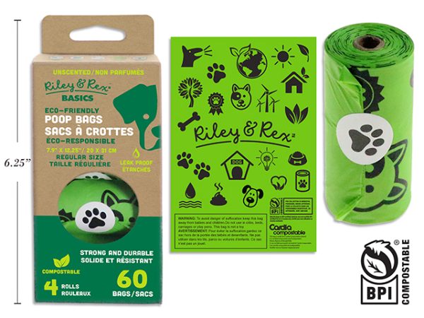 Riley & Rex Compostable Poop Bags – 15 per roll x 4 rolls per pack