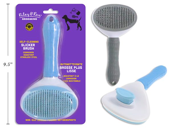 Riley & Rex Self-Cleaning Pet Slicker Brush with Non-Slip Handle – 7-5/8″