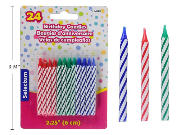 Selectum Birthday Candle – Primary Colors Spiral Striped ~ 24 per pack