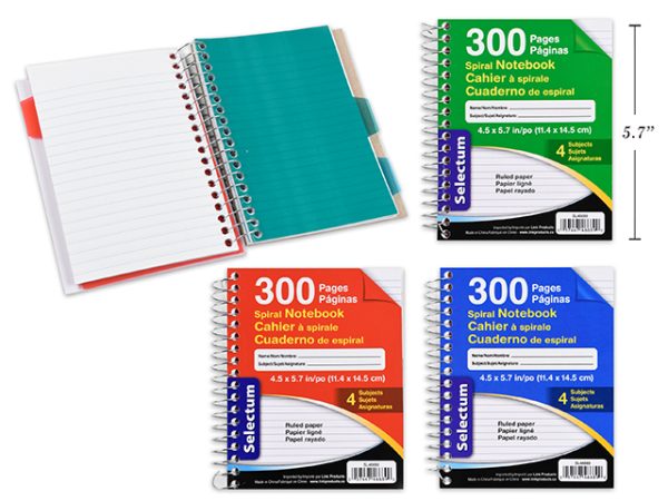 Selectum Spiral Coil Notebook with 4 Subjects (4.5″ x 5.7″) Ruled ~ 300 pages – 6 per pack