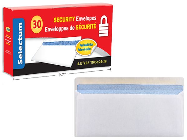 Selectum White Envelopes #10 w/SECURITY lining – Peel N Seal ~ 30 per box