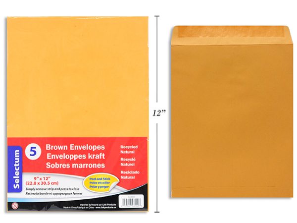 Brown Peel-N-Seel Envelopes – 9″ x 12″ ~ 5 per pack