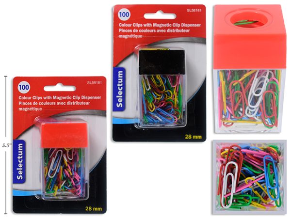 Selectum Colored Paper Clips – 28mm in Magnetic Dispenser