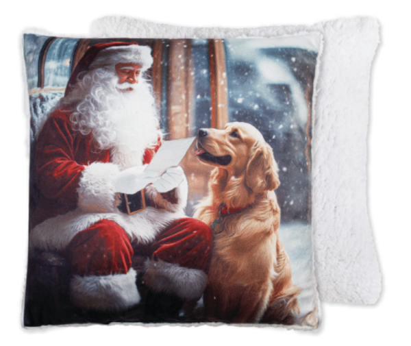 Christmas Photoreal Print Cushion with Sherpa Back – 17″ x 17″ ~ Santa & Dog