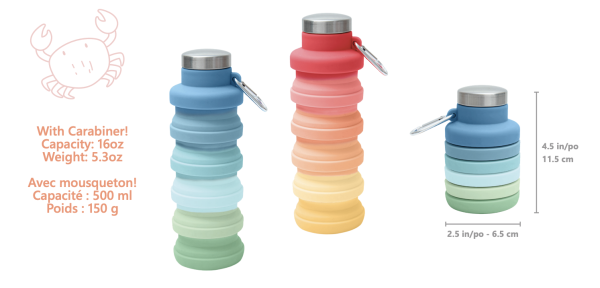 Collapsible Silicone Water Bottles with Carabiner ~ 16oz