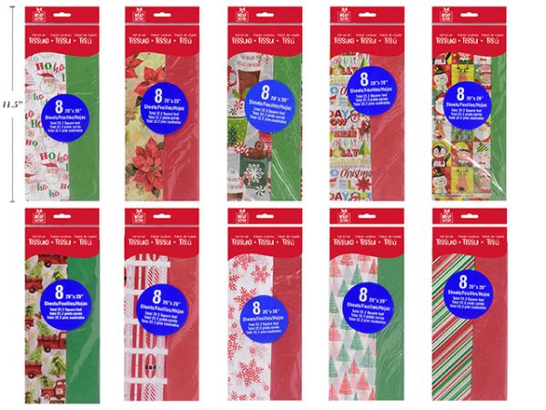 Christmas Printed & Plain Tissue Paper ~ 8 sheets