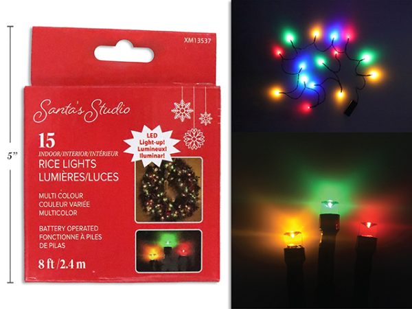 Christmas Battery Operated LED Multi Colored Rice Light Set ~ 15 per string / 8′