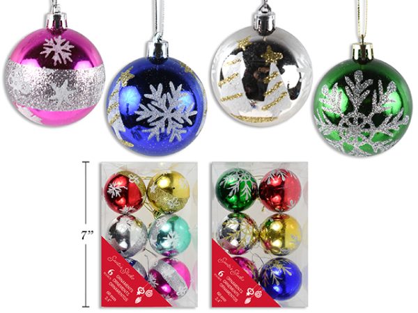 Christmas 60mm Hand Painted Glitter Ornaments ~ 6 per pack