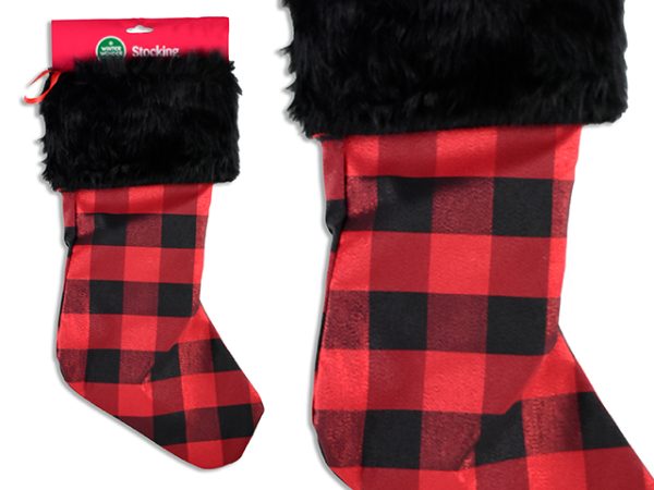 Christmas Shimmering Buffalo Plaid Stocking with Black Fur Cuff ~ 18″L