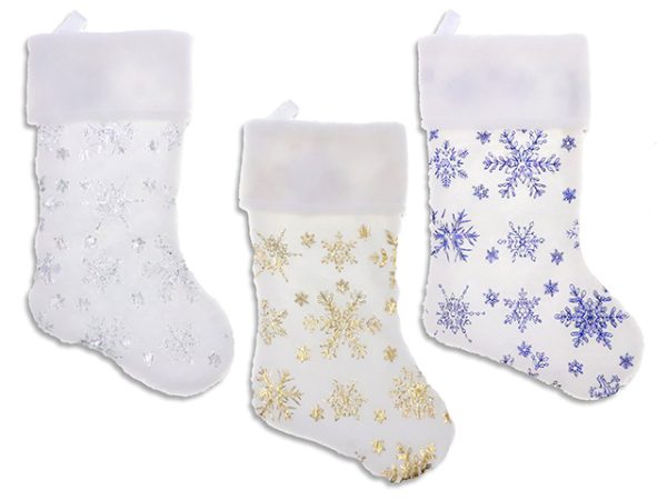 Christmas White Plush Stocking with Foil Stamp Snowflakes ~ 18″L