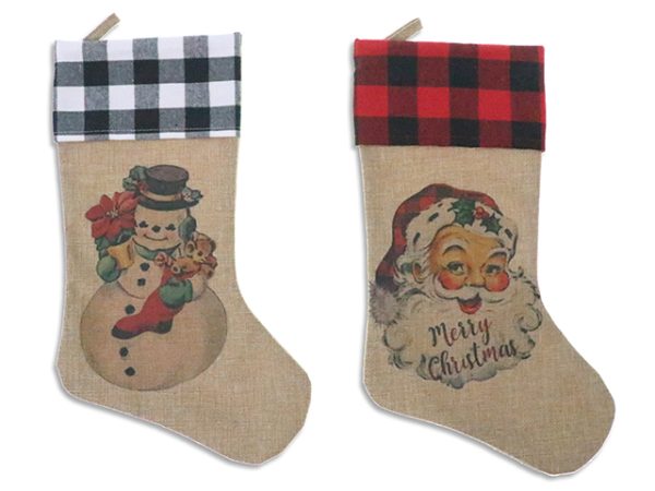 Christmas Jute Vintage Snowman/Santa Stocking with Fold Over Buffalo Plaid Cuff ~ 18″L