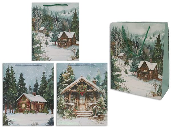 Christmas Large Gift Bags ~ Glitter Snowy Cottages